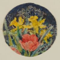 TWO DAFFODILS AND ONE RED TULIP