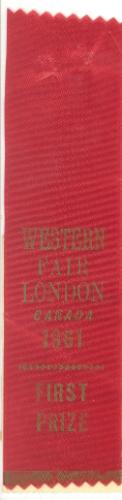 Western Fair, First Prize Ribbon for Rug Hooked Wool Material