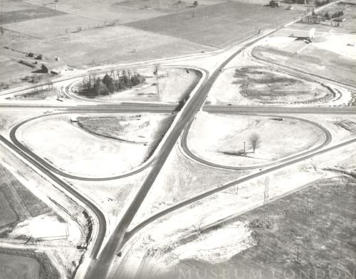 401 Highway Overpass & Star Top Drive-in (later called the 401 Drive-in) and Wellington Road, looking South East.