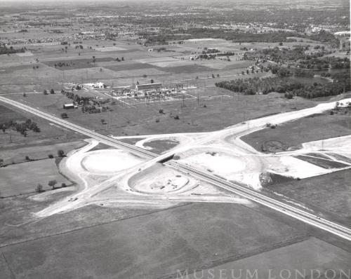 Highbury 401 Interchange Under Construction, Pond Mills in right background