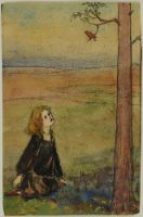 GIRL SITTING ON GROUND WATCHING A CARDINAL