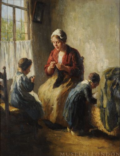 INTERIOR SCENE: MOTHER  KNITTING WITH TWO DAUGHTERS AND BABY