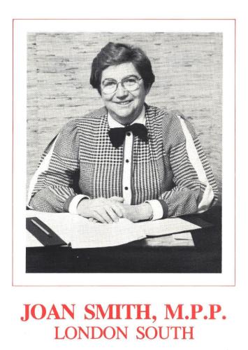 Joan Smith, MPP, London South, “Town Meeting” dates and location card