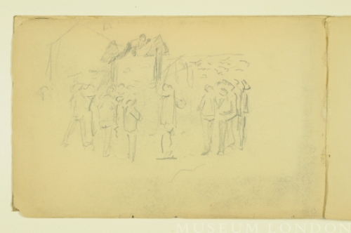 PAUL PEEL SKETCHBOOK: CROWD SCENE AROUND A MAN WORKING ON A ROOF