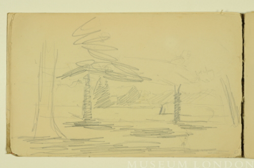 PAUL PEEL SKETCHBOOK: TREED LANDSCAPE WITH BARN IN DISTANCE