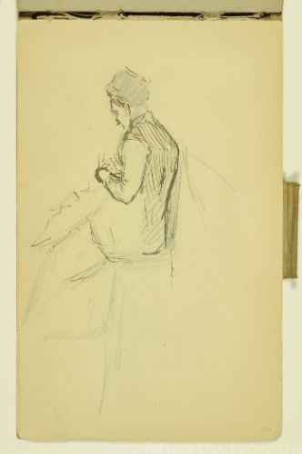 PAUL PEEL SKETCHBOOK:  SIDE AND BACK VIEW OF A WOMAN SITTING IN A CHAIR POSSIBLY KNITTING