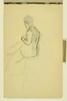 PAUL PEEL SKETCHBOOK:  SIDE AND BACK VIEW OF A WOMAN SITTING IN A CHAIR POSSIBLY KNITTING