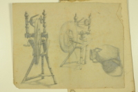 PAUL PEEL SKETCHBOOK: TWO SPINNING WHEEL STUDIES AND ANOTHER OF A JUG AND BOWL