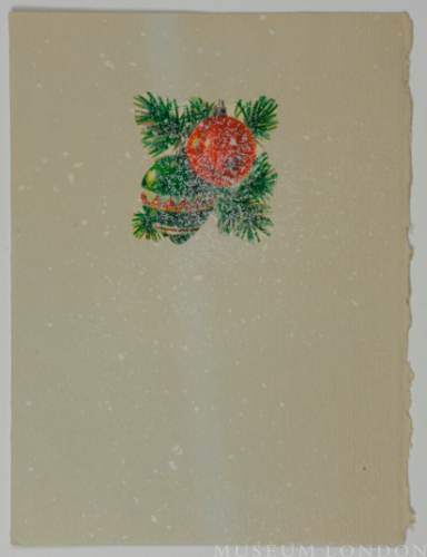 Christmas card [ornaments with evergreen branch]