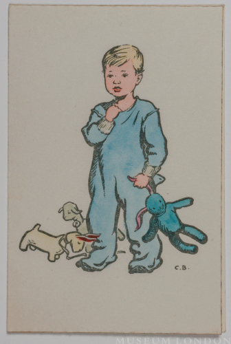 Christmas card [young boy with stuffed animals]