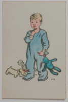 Christmas card [young boy with stuffed animals]
