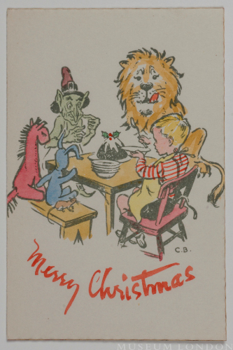 Christmas card [young boy seated at table with animals & imaginary characters]