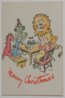 Christmas card [young boy seated at table with animals & imaginary characters]