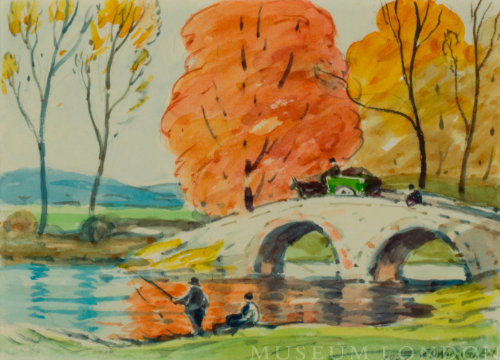 untitled landscape (river with stone bridge, horse and cart, and figures fishing)