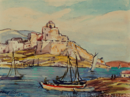 untitled landscape (seaside town with boats)