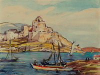 untitled landscape (seaside town with boats)