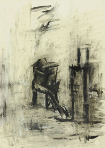 YOUNG WOMAN IN STUDIO VIEWING SCULPTURE