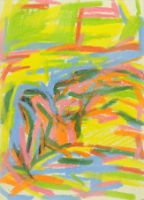 MARION GARIEPY LYING ON PERSIAN RUG IN GARDEN