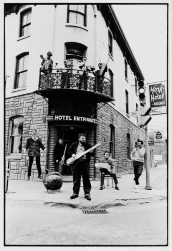 On Balcony: Greg Curnoe, Archie Leitch, and John Clement; On Ground, Bill Exley, Art Pratten, Hugh McIntyre, Murray Favro, and John Boyle; Nihilist Spasm Band, York Hotel, London, ON
