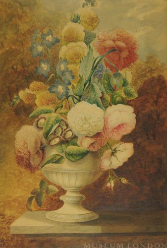 VASE OF PEONIES AND ASSORTED FLOWERS ON A MARBLE LEDGE