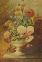 VASE OF PEONIES AND ASSORTED FLOWERS ON A MARBLE LEDGE
