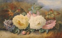 STILL LIFE WITH PINK, YELLOW, WHITE AND VIOLET ROSES