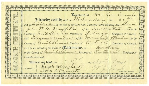 John W.H. Griffiths and Therese Smibert Marriage Certificate