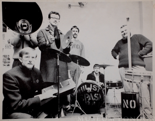 GREG'S STUDIO, KING STREET.  ART PRATTEN, JOHN BOYLE, GREG CURNOE, MURRAY FAVRO, HUGH, BILL EXLEY IN MEGAPHONE, MAY 1966