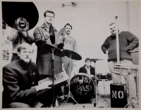 GREG'S STUDIO, KING STREET.  ART PRATTEN, JOHN BOYLE, GREG CURNOE, MURRAY FAVRO, HUGH, BILL EXLEY IN MEGAPHONE, MAY 1966