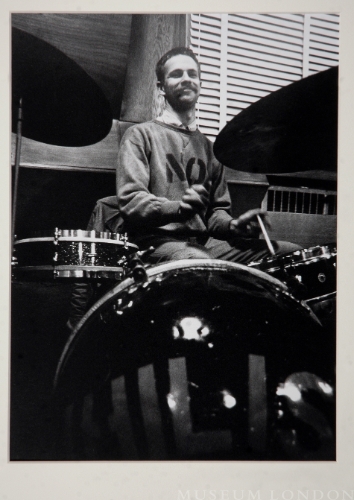 IN THE CHLO STUDIO.  GREG CURNOE ON DRUMS, OCTOBER 1966
