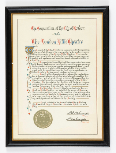 Framed Letter, "Congratulations from the City of London to the London Little Theatre"