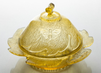 Yellow Glass Butter Dish and Lid (Grape Leaf)