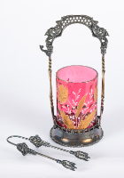 Cranberry Glass Pickle Cruet with Metal Tongs