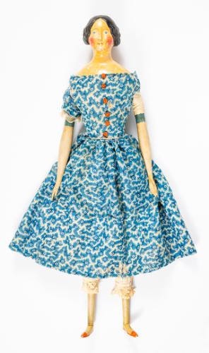 Doll with Wooden Arms and Legs, Blue Dress