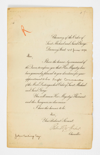 Letter of Appointment to Knight Commander, John Carling Esq.
