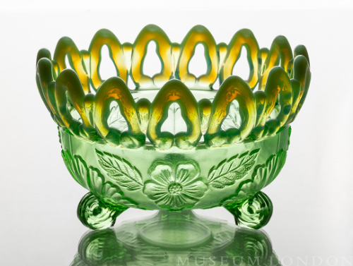 Green Glass Three Footed Bowl (Shell and Wild Rose)