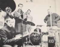 GREG'S STUDIO, KING STREET.  ART PRATTEN, JOHN BOYLE, GREG CURNOE, MURRAY FAVRO, HUGH, BILL EXLEY IN MEGAPHONE, MAY 1966 [NIHILIST SPASM BAND]