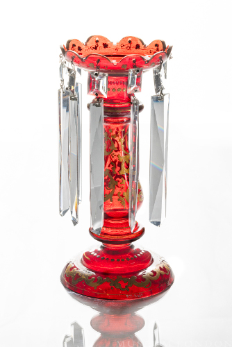 Gilded Ruby Glass Candlestick with Clear Glass Chimes