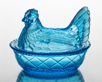 Blue Glass Butter Dish (Hen on Basket)