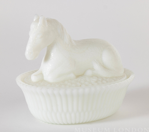 White Milk Glass Butter DIsh (Horse)