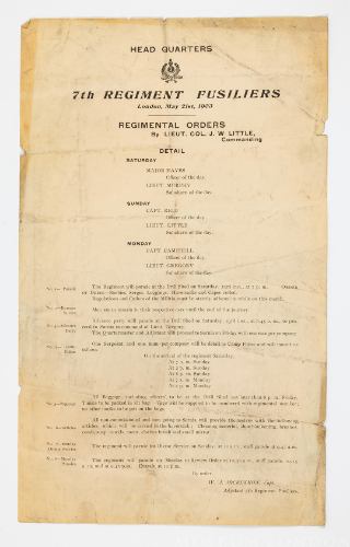 7th Regiment Fusiliers: Regimental Orders by Lieut.Col. J.W. Little