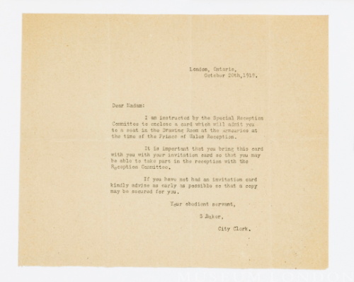 Letter from S Baker re: Prince of Wales Reception