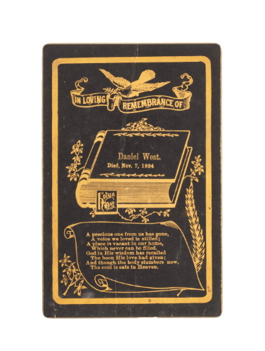 Mourning Card, "In Loving Remembrance of Daniel West"