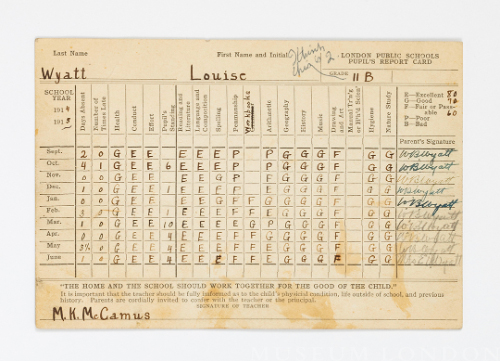 Louise Wyatt Report Card for 1914-1916