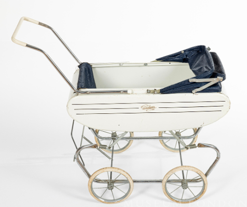 White Gendron Doll Carriage with Navy Blue Hood