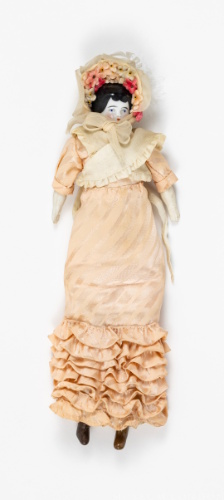 "Milly" Doll with Porcelain Head, Bisque Arms, and Peach Dress