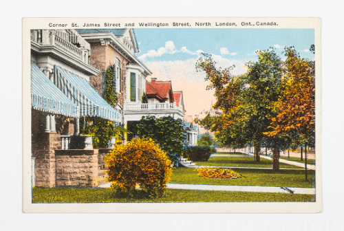"Corner St. James Street and Wellington Street, North London, Ont., Canada."