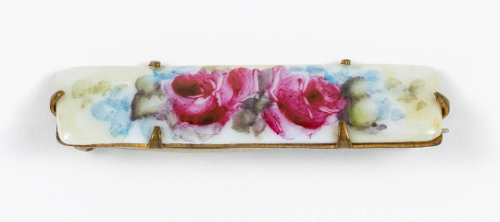 Floral Painted Rectangular Porcelain Bar Brooch