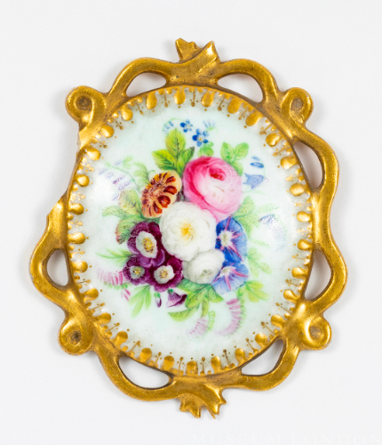 Painted Oval Porcelain Brooch with Gilded Edges