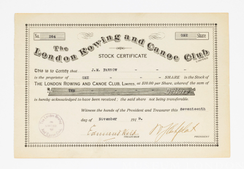 London Rowing and Canoe Club Stock Certificate